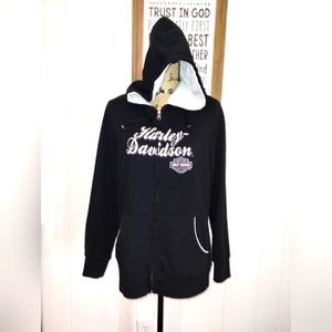 Womens Black & White Harley Davidson Fleece Zip Up Hooded Jacket, Size XL